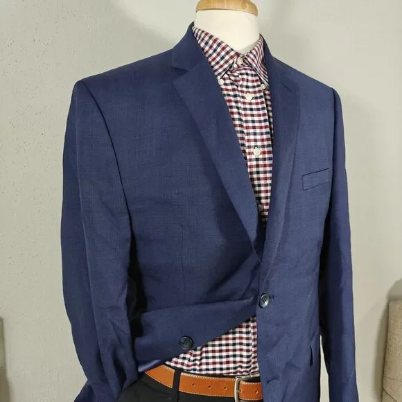 Perry Ellis Men's Sport Coat Blazer‎ Two Button Navy Blue Wool Poly Slim Fit 46L